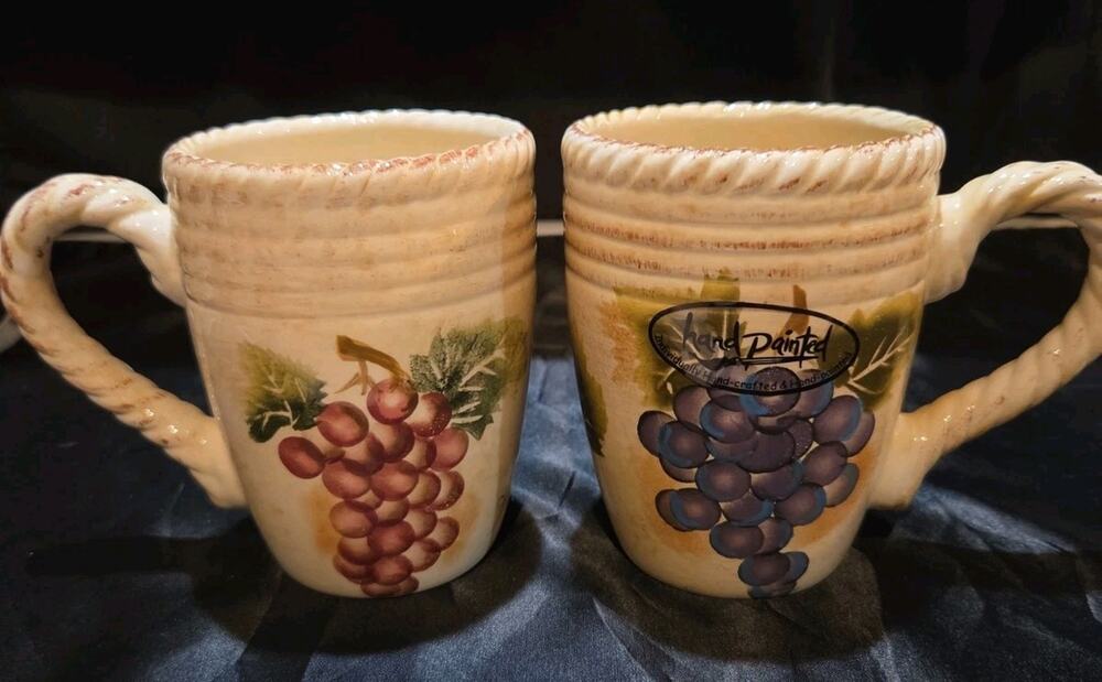 Set of 2 Tabletops Gallery Cabernet Grapes Hand Painted Crafted Mugs